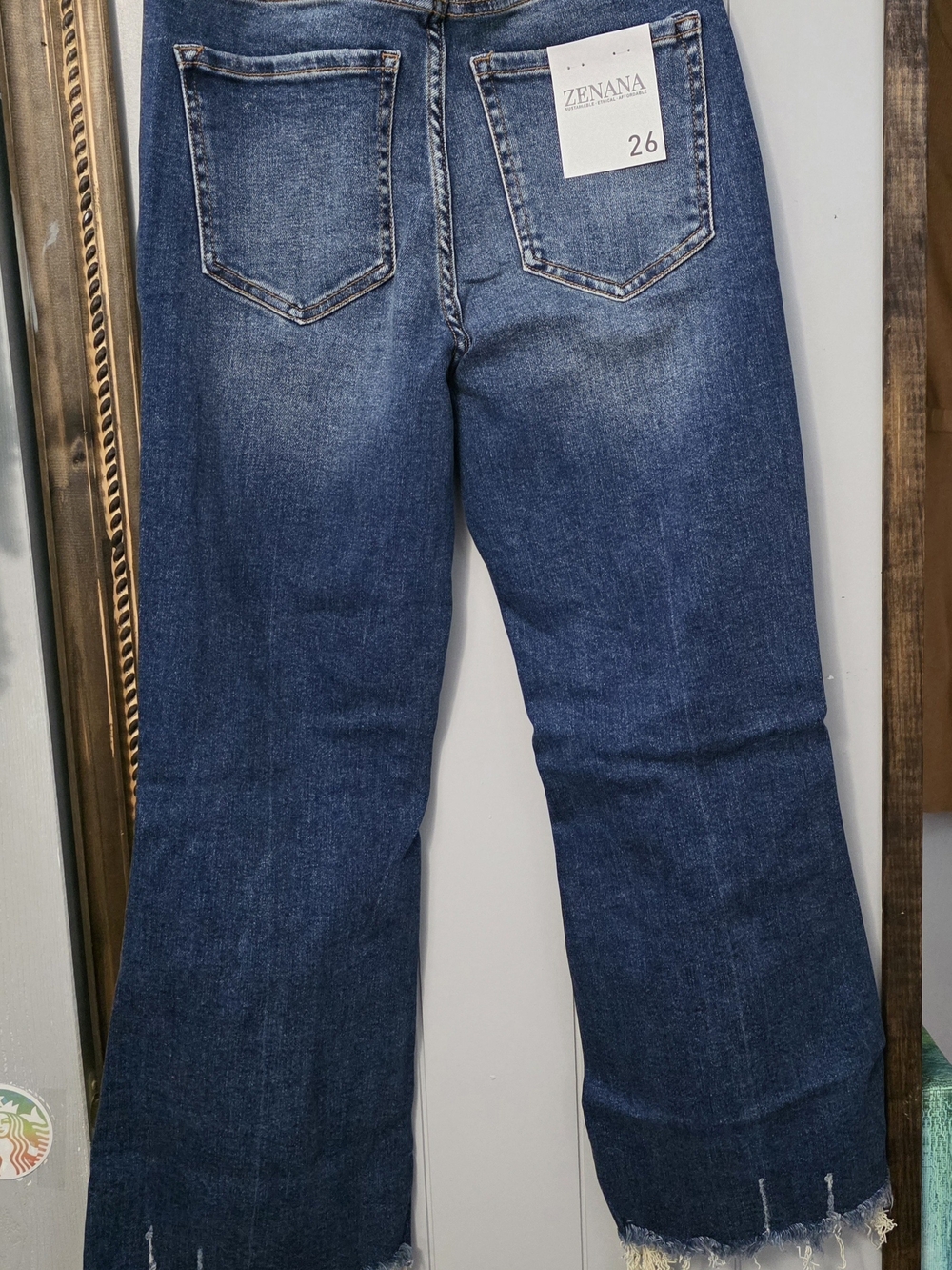 Zenana Outfitters Distressed Dark Blue Flare Crop Jeans - Picture 5 of 6